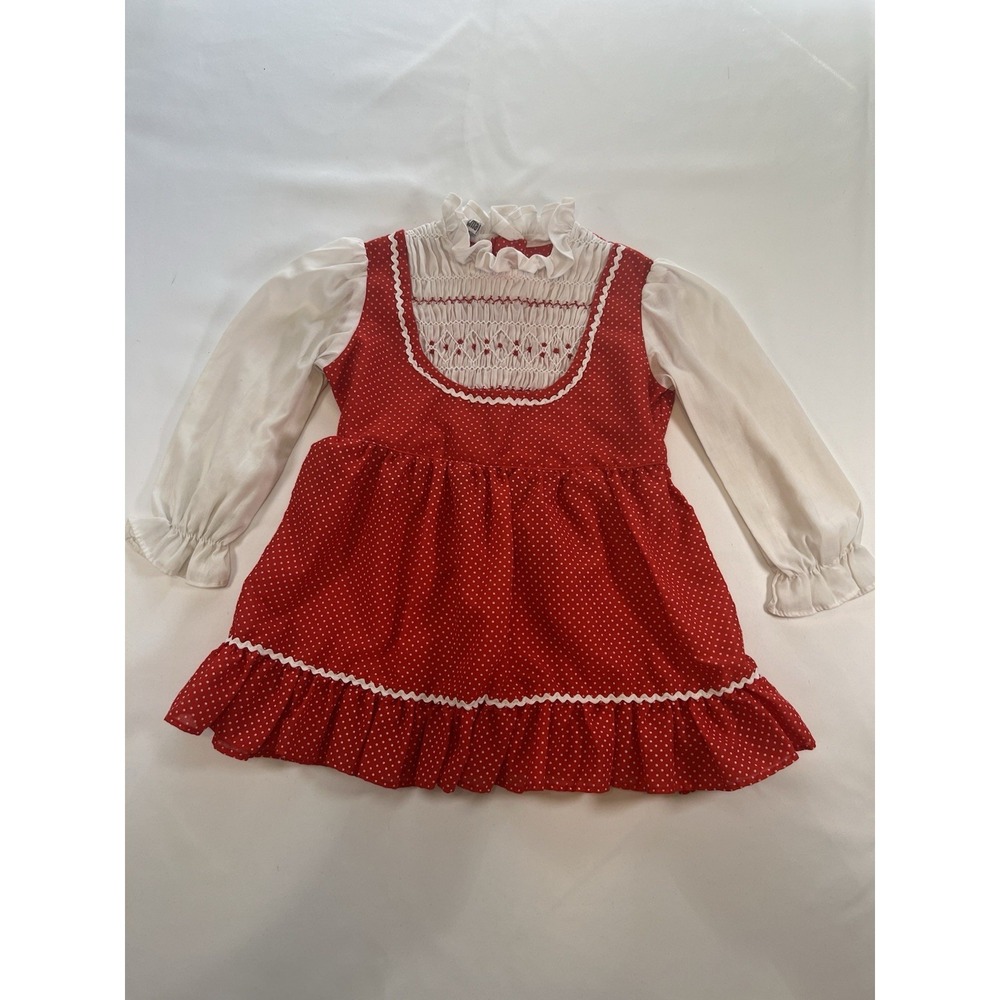 VNG Polly Flinders Hand Smocked Apron Dress Size 4T Red White Embroidery Lace